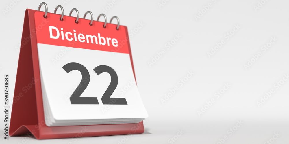December 22 date written in Spanish on the flip calendar, 3d rendering December 22 date written in Spanish on the flip calendar, 3d rendering