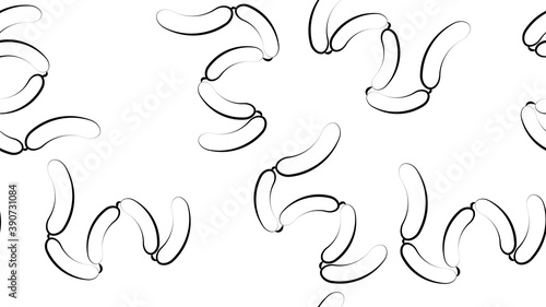 Seamless pattern with sausage. Food. Hand drawn Meat products on a waves background: smoked sausages, baked meatloaf, frankfurter