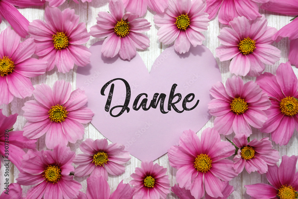 Hintergrund mit rosa Blumen, Herz Karte, Handschrift Text danke, auf weißem Holz. Konzept für Muttertag, Valentinstag, Frauentag. Hintergrund mit rosa Blumen, Herz Karte, Handschrift Text danke, auf weißem Holz. Konzept für Muttertag, Valentinstag, Frauentag.