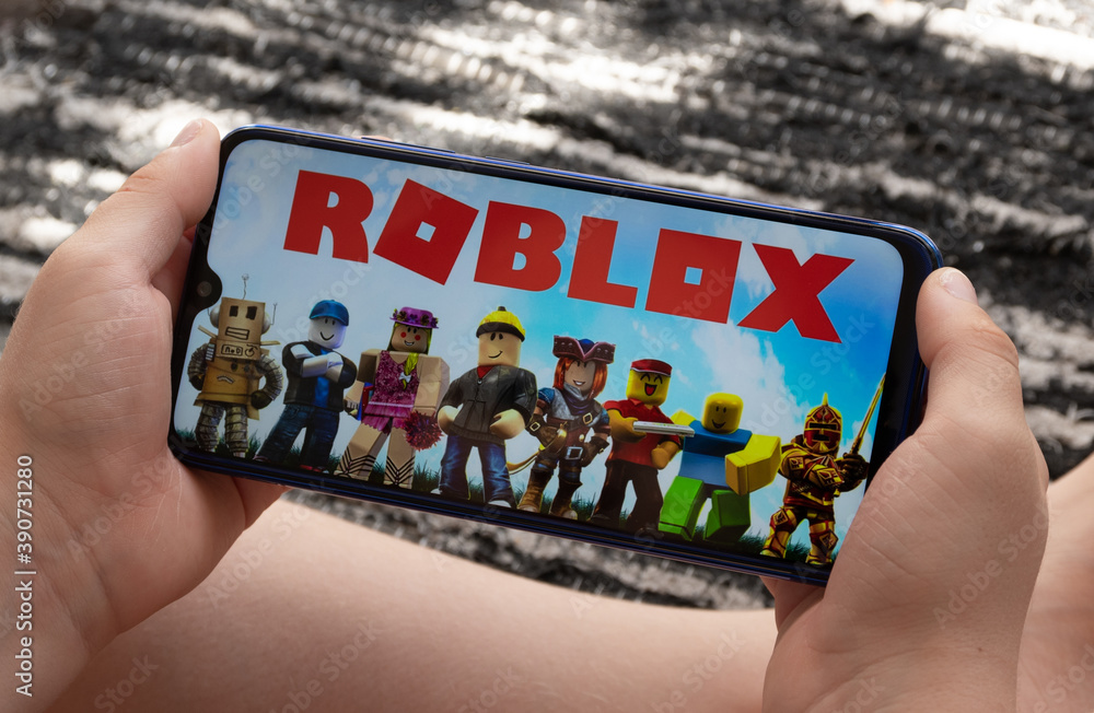 Fotografia do Stock: Roblox at notebook screen, Sao Paulo, Brazil,  10/10/2020. Roblox is a multiplayer online video game and game creation  system that allows users to design their own games