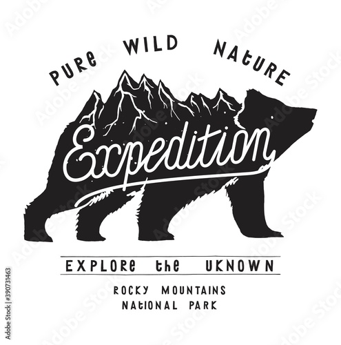 Expedition bear print. Hikink typography print with a bear and mountain range. Vintage outdoor sports t-shirt print illustration.