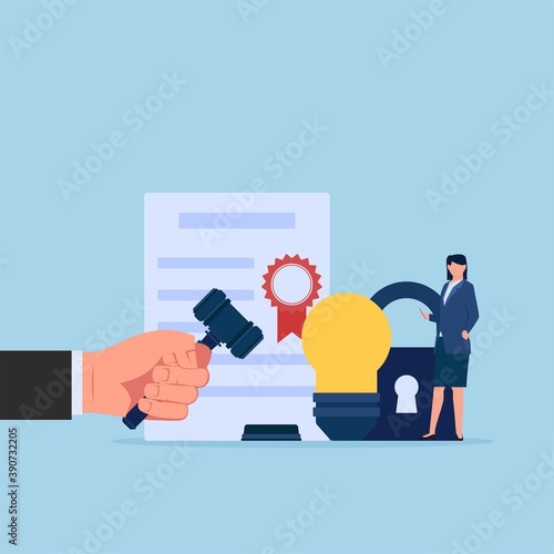 Woman stand in front of bulb, certificate and gavel metaphor of patent law.