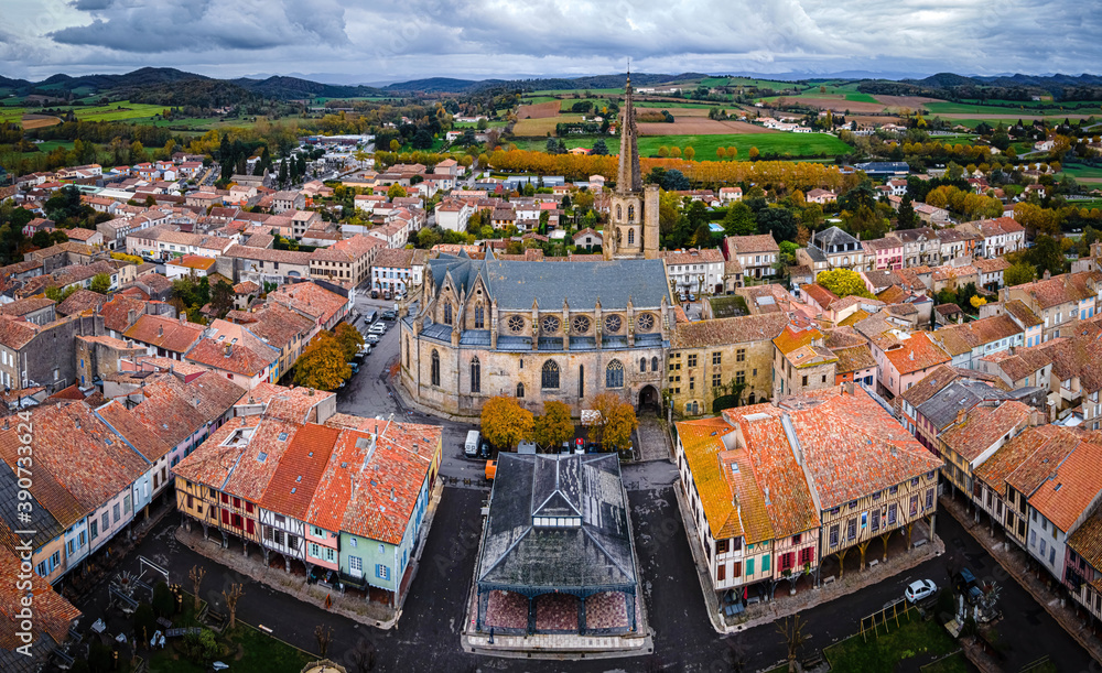 An aerial view of Mirepoix,  a commune in the Ariège department in southwestern France - obrazy, fototapety, plakaty 