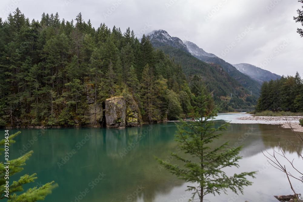 Gorge lake in the North Cascades National park, Washington, USA. Beautiful rocky banks and clear water make a scenic look in blue hours