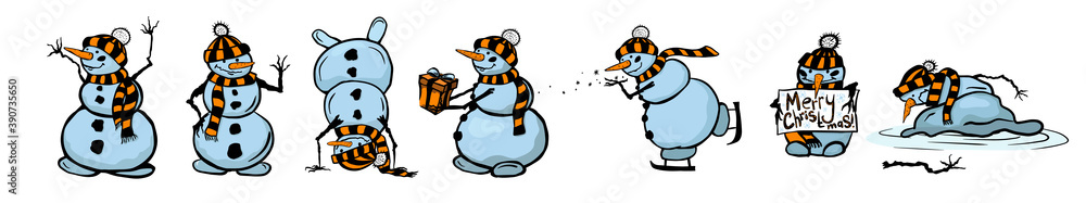 A set of cute snowmen. Vector illustration