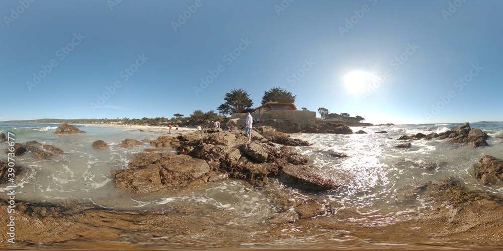 360 Pacific Ocean and rocks with blue sky, Carmel Beach, California 360 Pacific Ocean and rocks with blue sky, Carmel Beach, California