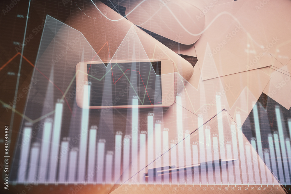 Multi exposure of forex graph hologram over desktop with phone. Top view. Mobile trade platform concept. Multi exposure of forex graph hologram over desktop with phone. Top view. Mobile trade platform concept.