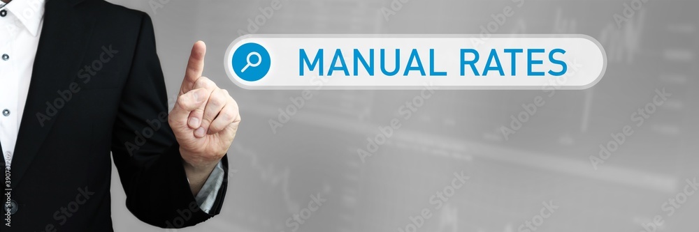 Manual Rates. Man pointing with his finger at search box in internet browser. Word/Text (blue) in the search. Manual Rates. Man pointing with his finger at search box in internet browser. Word/Text (blue) in the search.