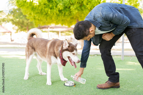 Thirsty dog drinking water in the park