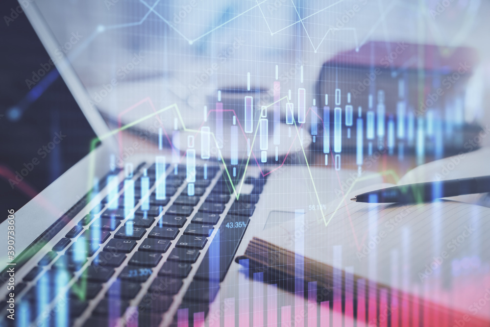 Double exposure of financial chart drawing and desktop with coffee and items on table background. Concept of forex market trading Double exposure of financial chart drawing and desktop with coffee and items on table background. Concept of forex market trading