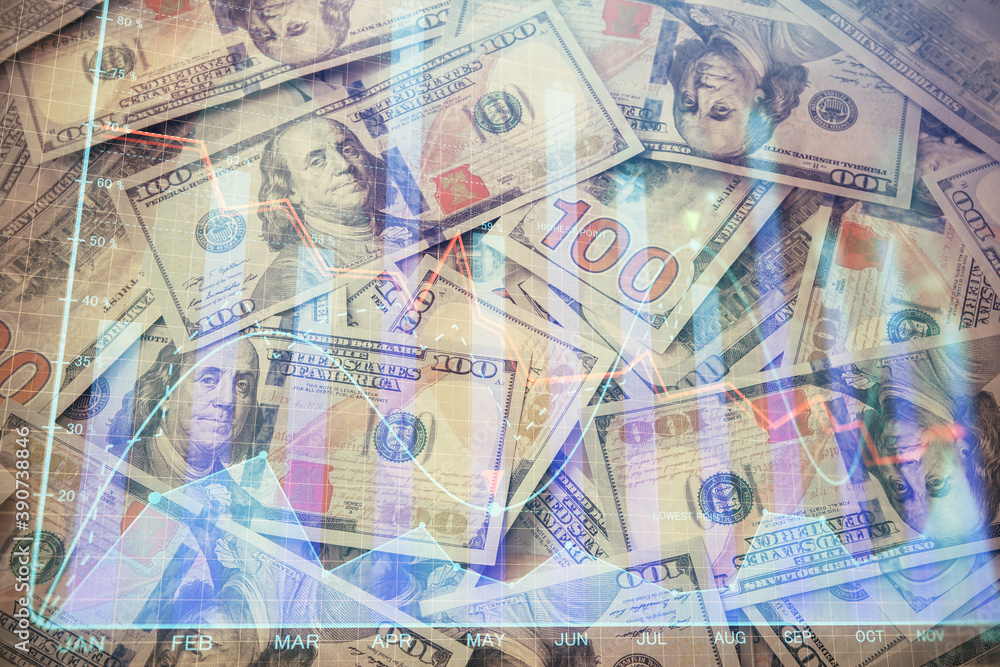 Multi exposure of forex chart drawing over us dollars bill background. Concept of financial success markets. Multi exposure of forex chart drawing over us dollars bill background. Concept of financial success markets.