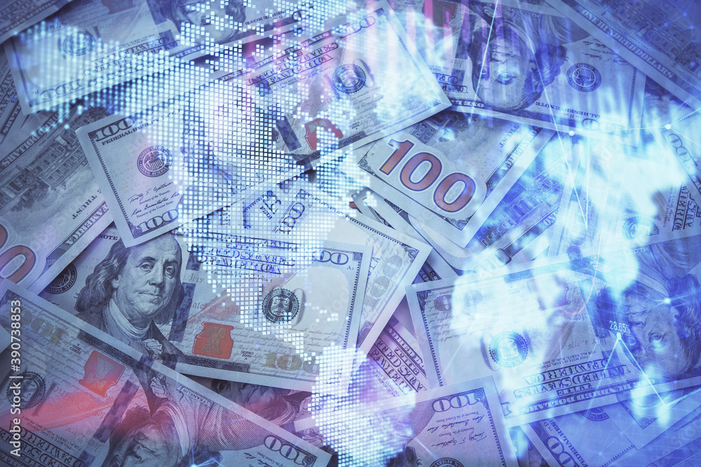 Double exposure of forex graph drawing over us dollars bill background. Concept of financial markets. Double exposure of forex graph drawing over us dollars bill background. Concept of financial markets.