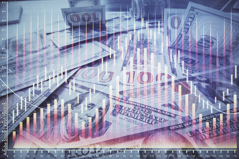 Fototapeta premium Multi exposure of forex chart drawing over us dollars bill background. Concept of financial success markets.