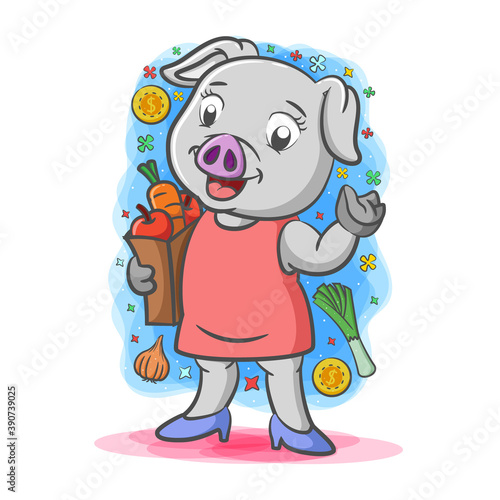 Mother grey pig holding a bucket of the vegetables