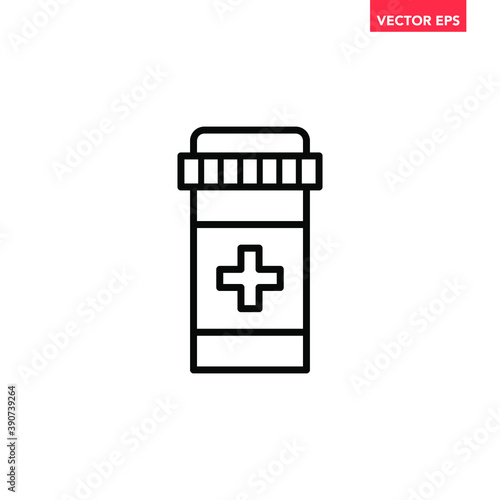 Black single pill bottle line icon, simple health equipment flat design vector pictogram, infographic vector for app logo web website button ui ux interface elements isolated on white background