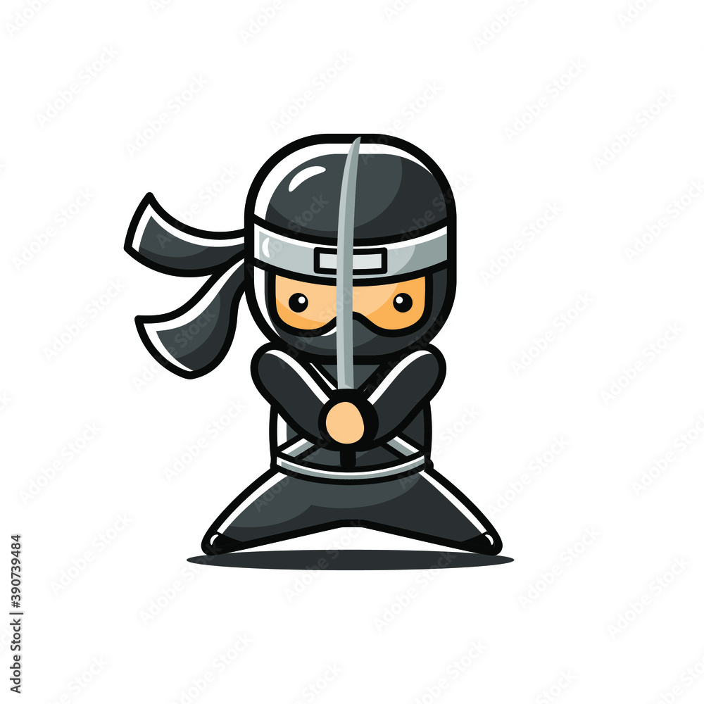 Illustration of little cartoon ninja use sword to attack
