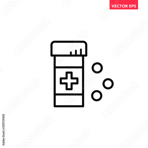 Black single pills bottle line icon, simple health equipment flat design vector pictogram, infographic vector for app logo web website button ui ux interface elements isolated on white background