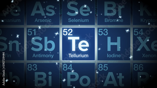 Close up of the Tellurium symbol in the periodic table, tech space environment.