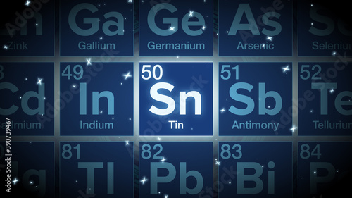 Close up of the Tin symbol in the periodic table, tech space environment.