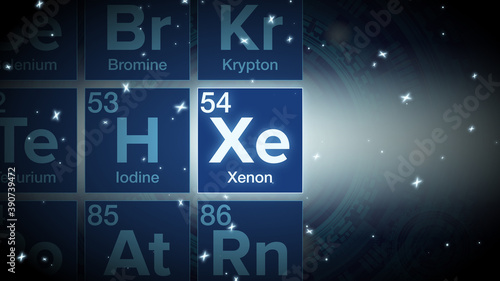 Close up of the Xenon symbol in the periodic table, tech space environment.