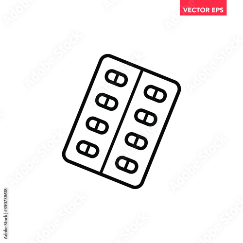 Black single pills pack line icon, simple health equipment flat design vector pictogram, infographic vector for app logo web website button banner ui ux interface elements isolated on white background
