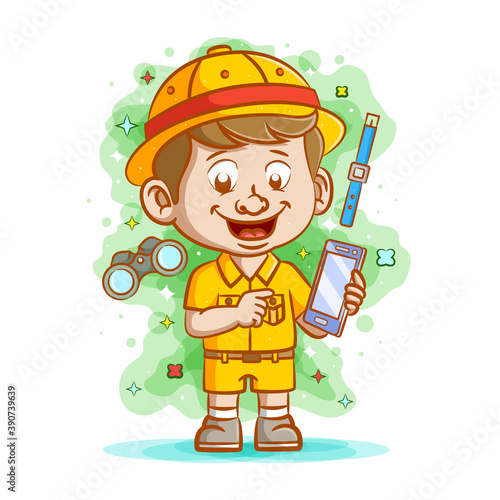 The traveller holding the smartphone to find something in the internet