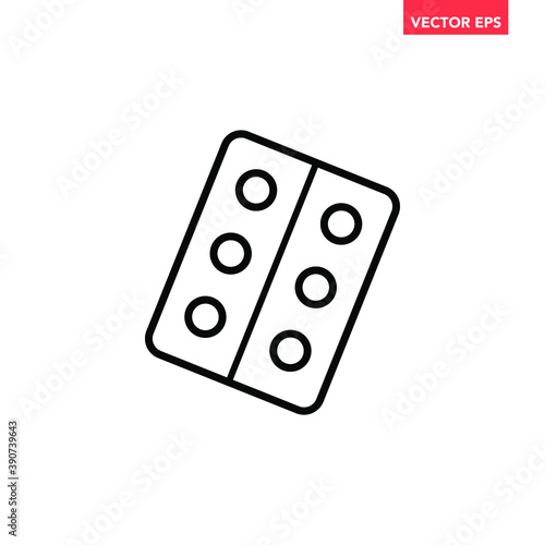 Black single pills pack line icon, simple health equipment flat design vector pictogram, infographic vector for app logo web website button banner ui ux interface elements isolated on white background