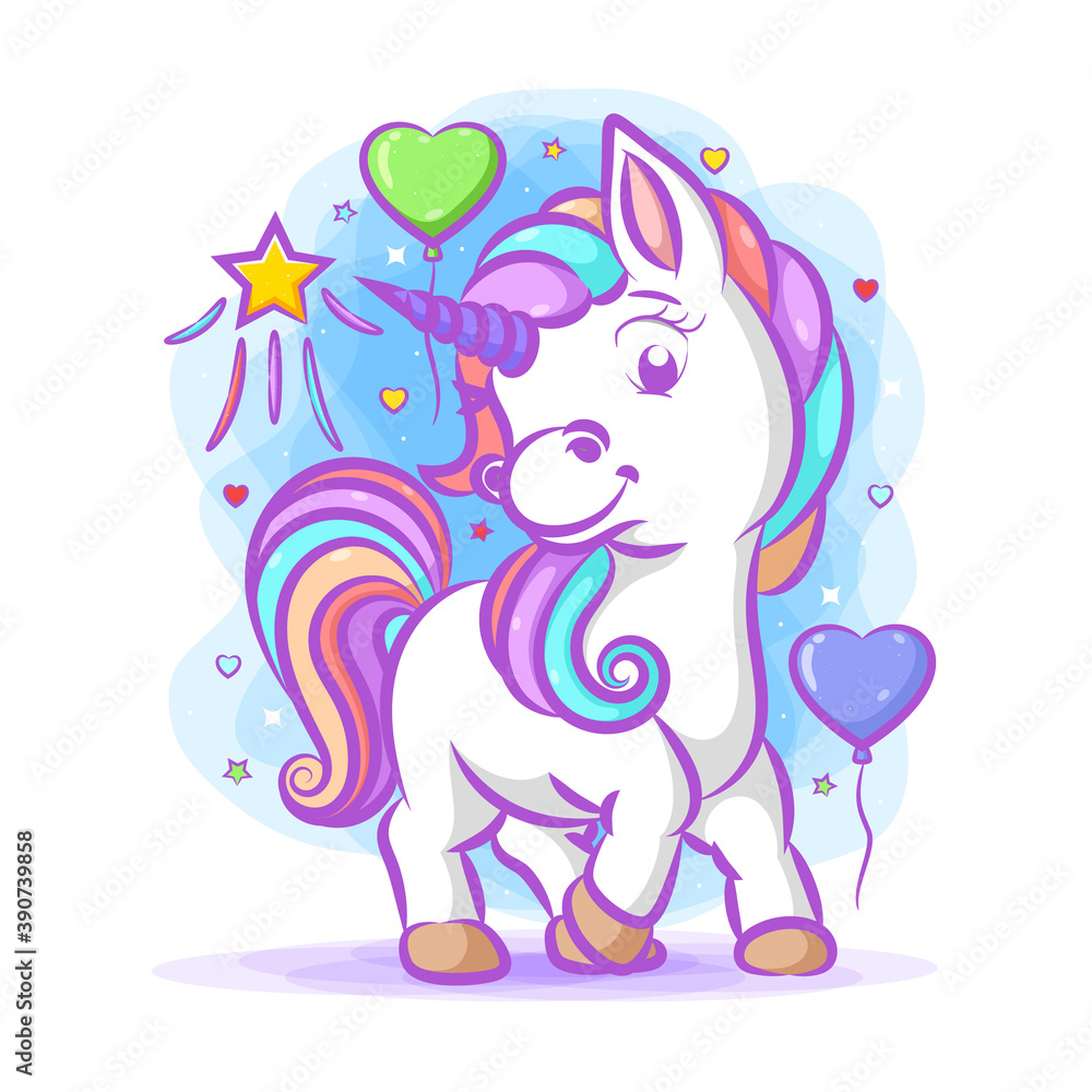 The unicorn with the rainbow hair standing near the love balloons The unicorn with the rainbow hair standing near the love balloons