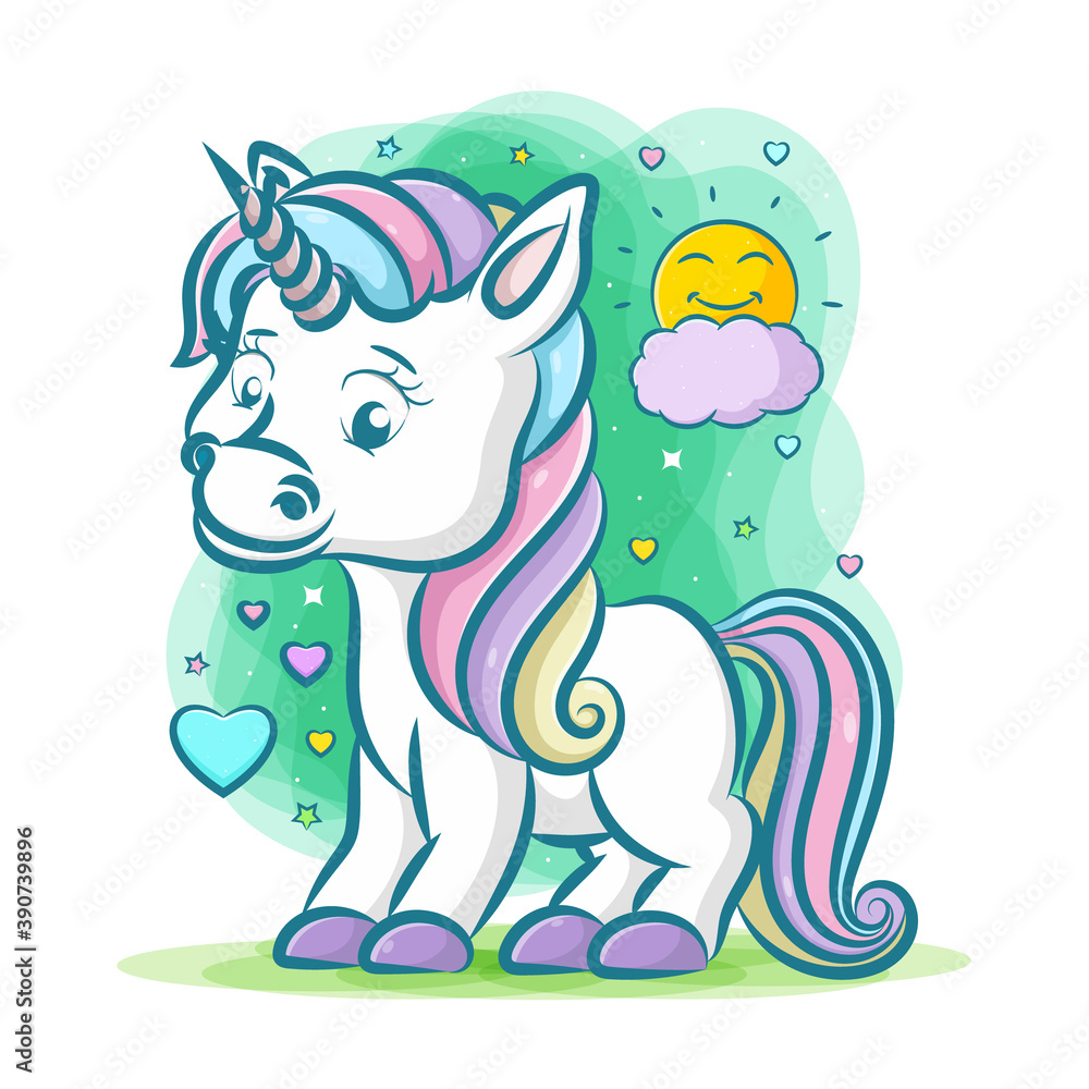 Fototapeta premium The little unicorn with the rainbow hair with grey horn with the green background