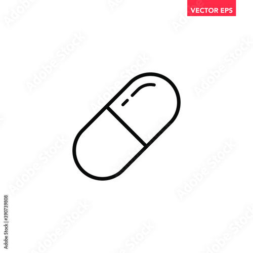 Black single pill line icon, simple health equipment flat design vector pictogram, infographic vector for app logo web website button banner ui ux interface elements isolated on white background