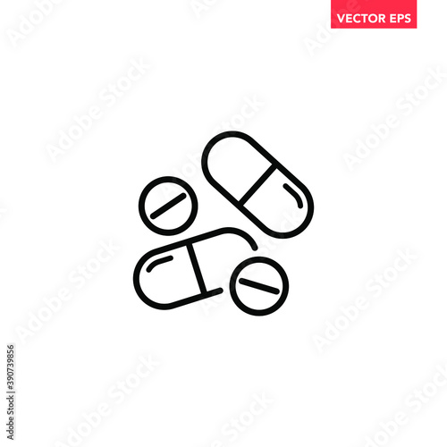 Black medicine pills line icon, simple health equipment flat design vector pictogram, infographic vector for app logo web website button banner ui ux interface elements isolated on white background