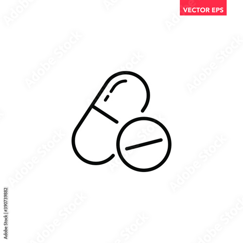Black pills line icon, simple health equipment flat design vector pictogram, infographic vector for app logo web website button banner ui ux interface elements isolated on white background