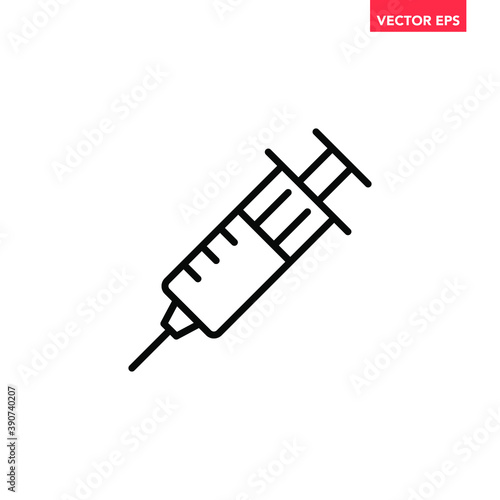 Black single syringe line icon, simple health equipment flat design vector pictogram, infographic vector for app logo web website button banner ui ux interface elements isolated on white background
