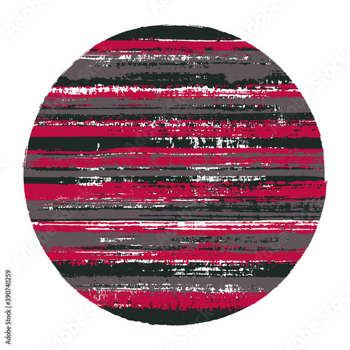 Ragged circle vector geometric shape with striped texture of ink horizontal lines. Old paint texture disc. Stamp round shape logotype circle with grunge background of stripes.