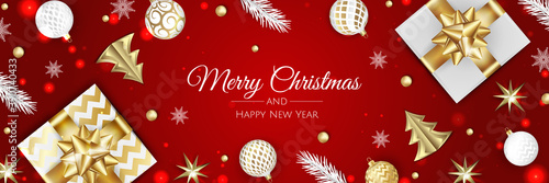 Fototapeta Naklejka Na Ścianę i Meble -  Christmas vector background. Creative design greeting card, banner, poster. Top view gift box, xmas decoration balls and snowflakes.