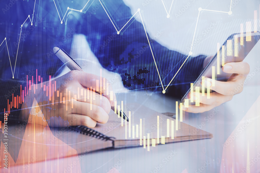 Double exposure of forex graph sketch hologram and woman holding and using a mobile device. Stock market concept. Double exposure of forex graph sketch hologram and woman holding and using a mobile device. Stock market concept.