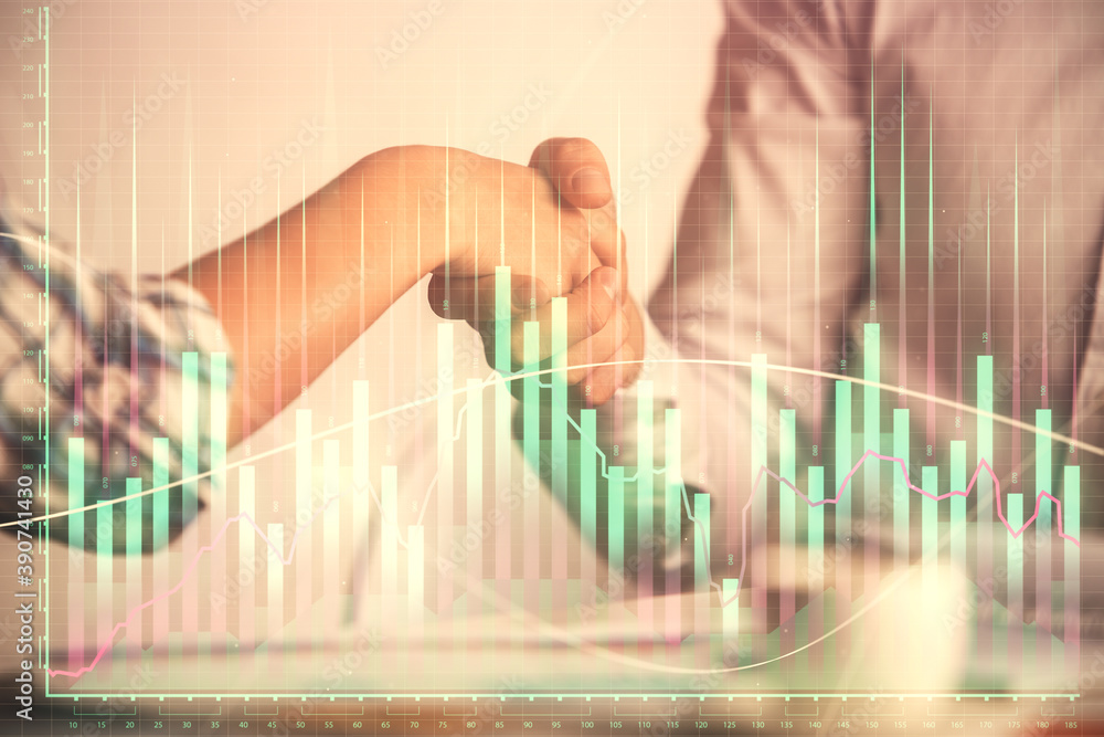Double exposure of forex graph hologram and handshake of two men. Stock market concept. Double exposure of forex graph hologram and handshake of two men. Stock market concept.