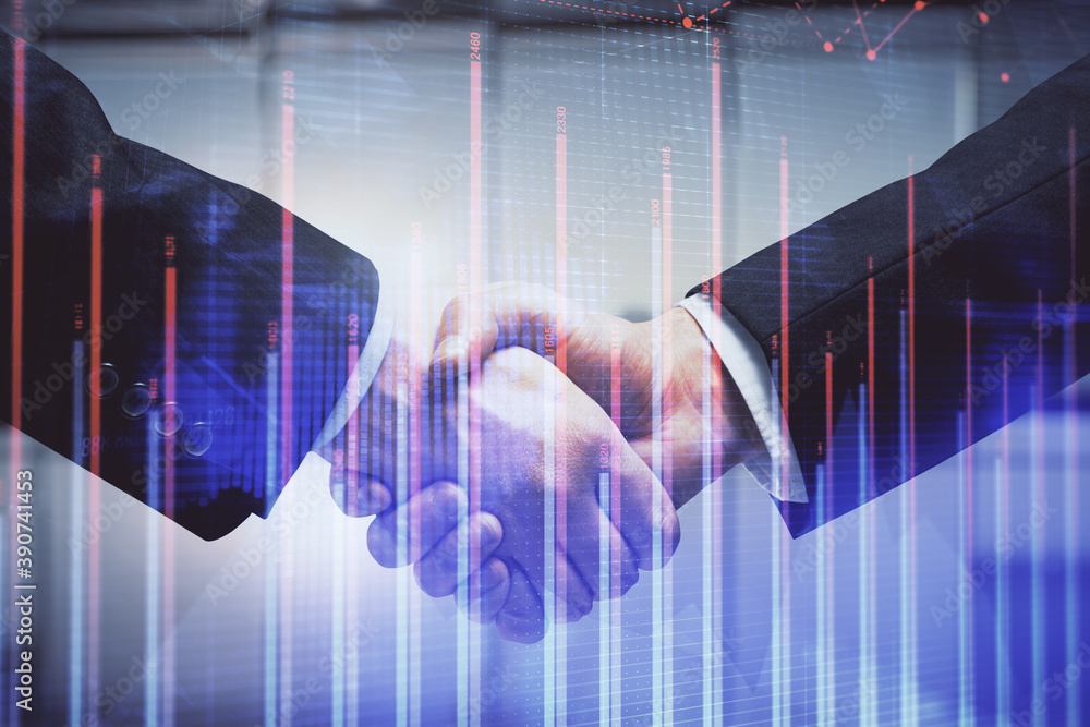 Double exposure of forex graph hologram and handshake of two men. Stock market concept. Double exposure of forex graph hologram and handshake of two men. Stock market concept.
