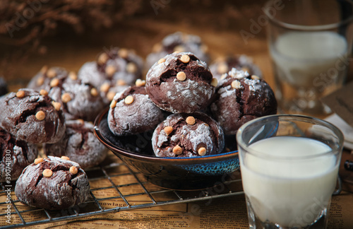 Chocolate cookies serving with milk photo