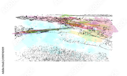 Building view with landmark of Chesapeake is an independent city in the Commonwealth of Virginia. Watercolor splash with hand drawn sketch illustration in vector.