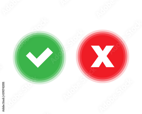 Tick and cross signs. Green checkmark OK and red X icons, isolated on white background. Simple marks graphic design. Circle symbols YES and NO button for vote, decision, web. Vector illustration