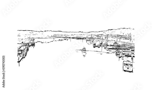 Building view with landmark of Chesapeake is an independent city in the Commonwealth of Virginia. Hand drawn sketch illustration in vector.