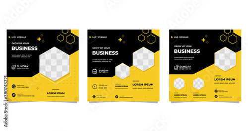 Collection of geometric social media post templates with black and yellow background, for business webinars, digital marketing, online education and other seminars