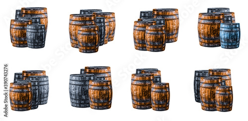 set pattern of old oak barrels and weathered brown and gray on an isolated background