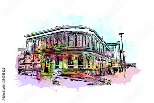 Building view with landmark of Chester is a city in northwest England. watercolour splash with hand drawn sketch illustration in vector.
