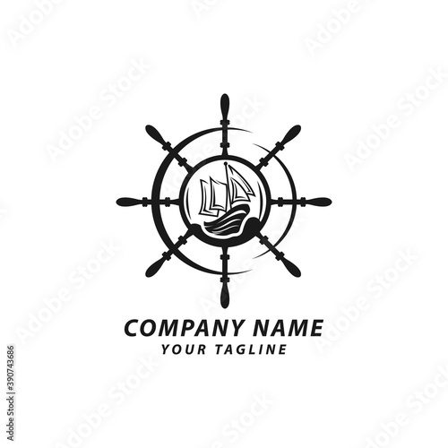 Sailing cruises logo on blurred sea background. Sailboat trips emblem with Steering, Vector template.