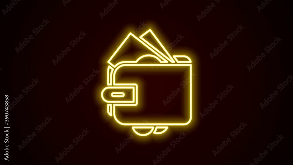 Glowing neon line Wallet with stacks paper money cash icon isolated on black background. Purse icon. Cash savings symbol. 4K Video motion graphic animation Glowing neon line Wallet with stacks paper money cash icon isolated on black background. Purse icon. Cash savings symbol. 4K Video motion graphic animation