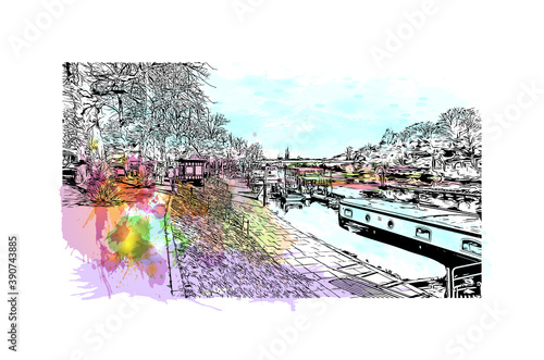 Building view with landmark of Chester is a city in northwest England. watercolour splash with hand drawn sketch illustration in vector.