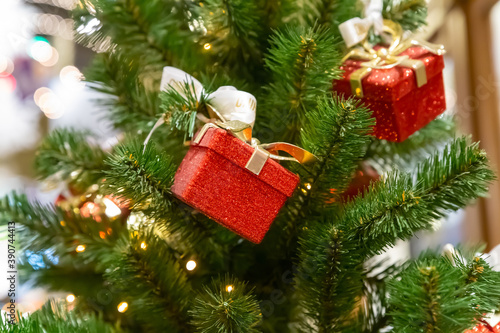 mini giftbox red festive decor christmas decoration christmas tree background festive