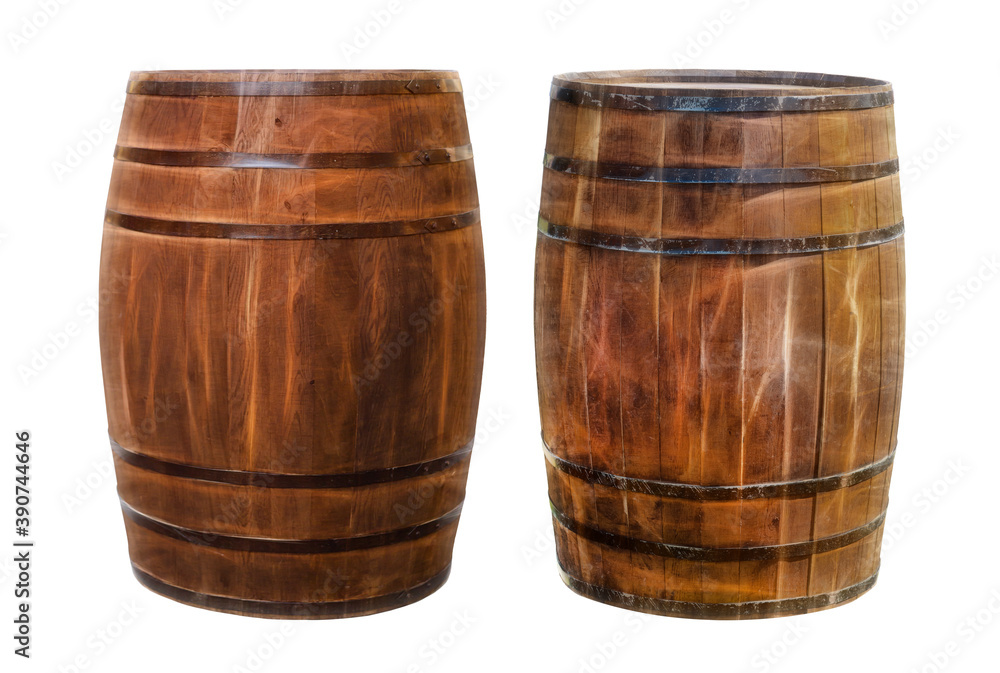 two dark brown oak barrels for storing and transporting alcohol on a white background
